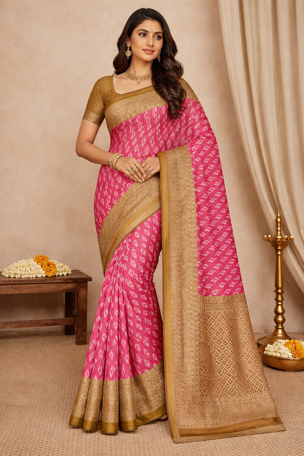 Elegant Pink & Golden Cotton Saree with Traditional Design