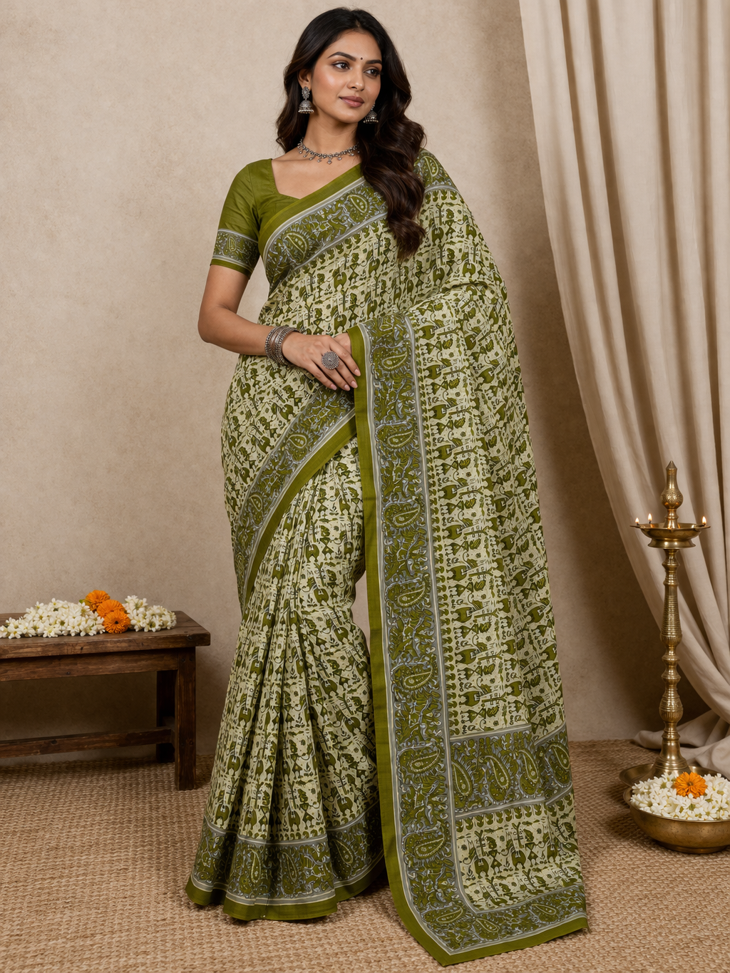 Elegant Green Cotton Saree with Traditional Design